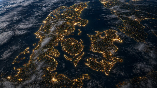 Scandinavian Nightscape &ndash; Orbital perspective of Denmark, its islands and coastline illuminated by dense urban networks.