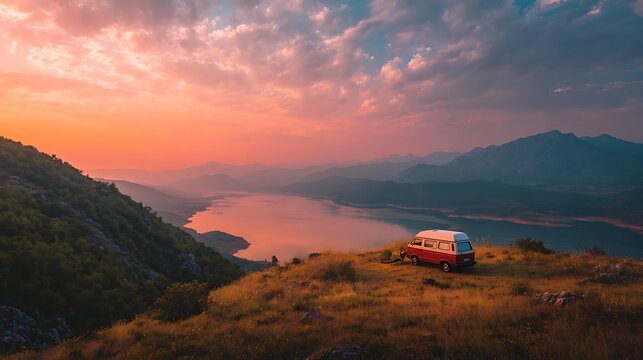 Red camper van on a grassy hill overlooking a vast lake under a sunset sky