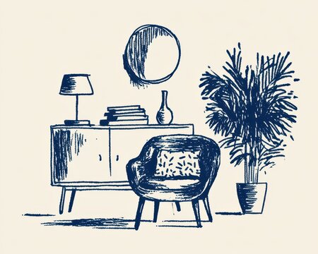 Handdrawn sketch of a modern living room interior with furniture and houseplant