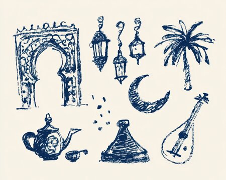 Set of handdrawn middle eastern cultural icons including an archway, lanterns, palm tree, crescent moon, teapot, tagine, and oud instrument