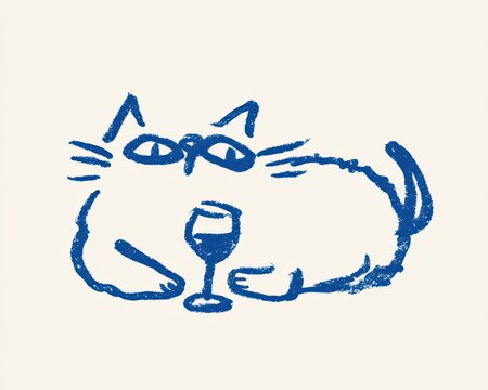 Cute handdrawn cat holding a glass of wine, whimsical blue crayon sketch style illustration