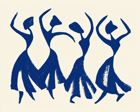 Handdrawn illustration of four dancing figures in blue crayon style