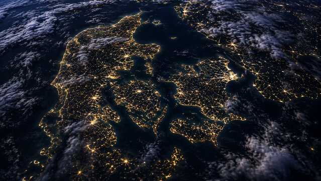 Denmark at Night &ndash; Satellite-style view of Denmark and surrounding seas glowing with city lights beneath scattered clouds.