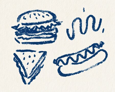Handdrawn doodle set of fast food items including burger and hot dog