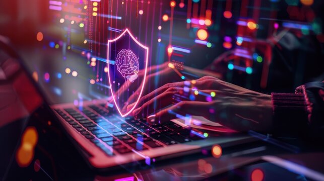 Developer performs complex coding tasks on a portable computer while a luminous brain icon encased in a digital barrier appears to symbolize advanced machine learning security and data integrity.