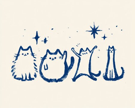 Set of cute handdrawn cat illustrations in various poses and styles, featuring a whimsical crayon sketch aesthetic with stars