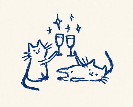 Cute handdrawn illustration of two cats toasting with wine glasses