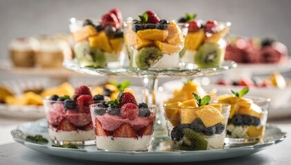 Obraz premium Focused view on chilled fruit desserts presented on layered platters vibrant colors pop with the surrounding scene gently blurred to emphasize freshness and variety.