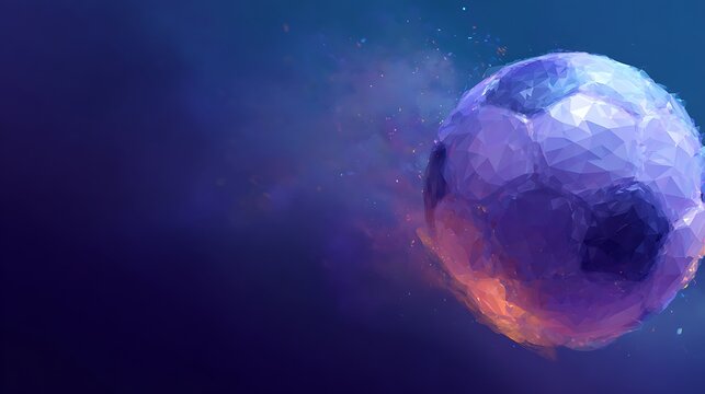 Digital illustration of a soccer ball in motion with a trail of glowing sparks on a dark blue background