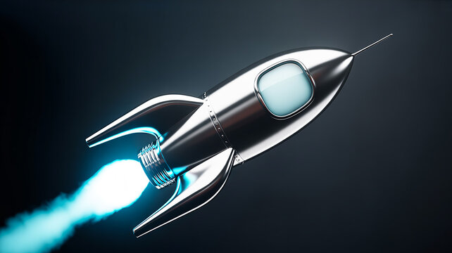 Silver rocket with glowing blue exhaust plume a three dimensional rendering