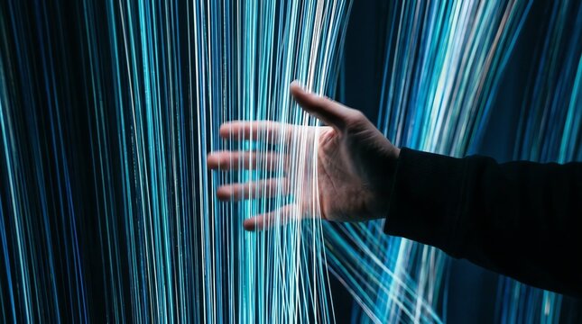 Human Hand Touching Glowing Blue Light Trails, Symbolizing Digital Connection, Data Interaction, and Future Technology