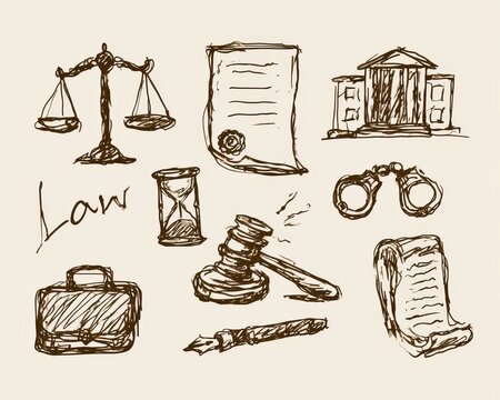 Set of handdrawn law and justice icons, including gavel, scales, courthouse, and briefcase, brown sketch style