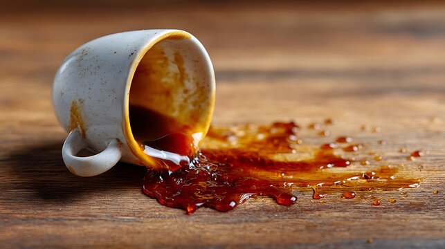 Spilled coffee from a tipped over white ceramic cup on a rustic wooden table
