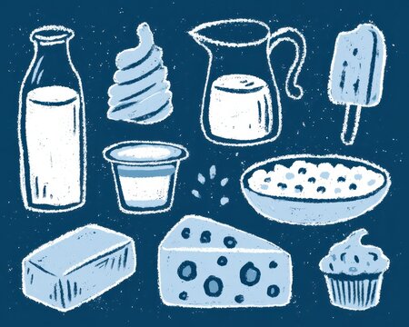 Set of handdrawn dairy products icons, including milk, cheese, yogurt, and ice cream, on a dark blue background