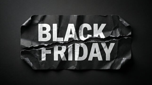 White Black Friday text printed on a torn, crumpled black paper label centered against a solid dark surface.