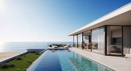 Fototapeta premium Luxury modern villa with infinity pool overlooking the ocean on a sunny day.