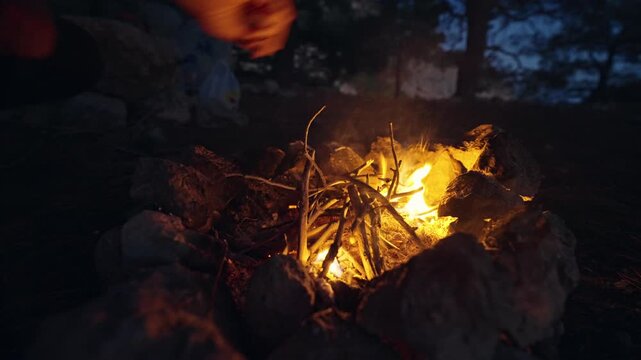 The campfire is getting going. The men&rsquo;s hands in the frame are breaking dry branches and throwing them into the fire. Stones are neatly arranged around the fire. High quality 4k footage