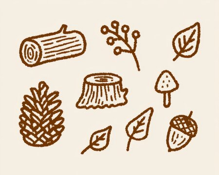 Collection of handdrawn forest icons including log, branch, leaves, pinecone, stump, mushroom, and acorn