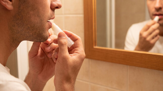Man applying lip balm stick in bathroom mirror