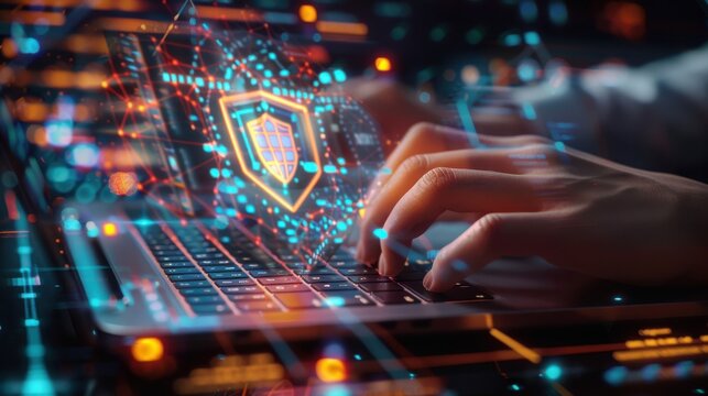 Software engineer manipulates a glowing security shield projection emerging from a portable computer to demonstrate advanced threat detection and real-time network monitoring capabilities for.