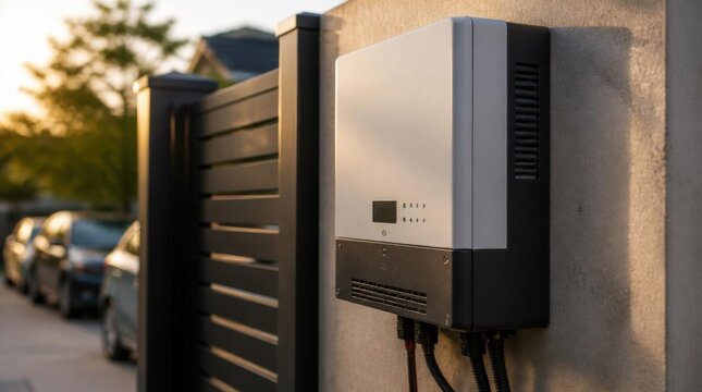 Modern solar inverter mounted on an exterior residential concrete wall at sunset