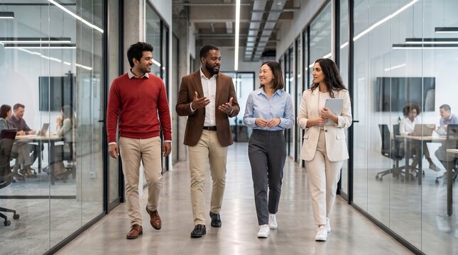 Diverse Business Professionals Walking Through Modern Glass Office Corridor