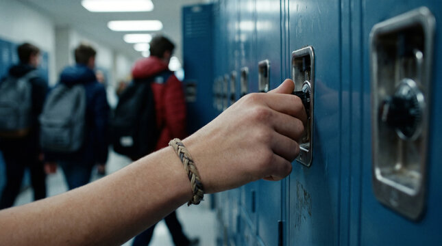 Student turning combination lock on blue school locker