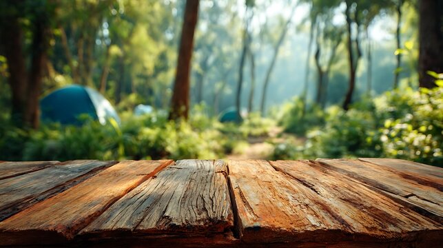Rustic wooden table with blurred forest and camping tents background