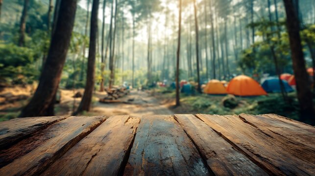 Old wooden table surface with blurred forest camping background and tents