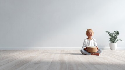 Fototapeta premium Minimalist Portrait of Calm Child Sitting with Drum in Spacious Room for Mindfulness Wellness and Copy Space