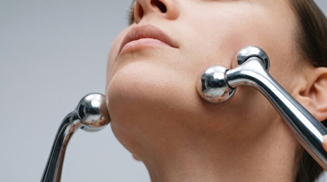Woman Using Double Roller Facial Massager Tool for Chin Lifting and Skincare