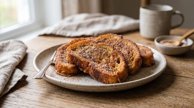 Golden brown rabanada dusted with cinnamon sugar on a rustic plate