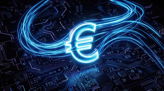 Glowing euro symbol integrated with circuit board for futuristic financial technology and digital economy concepts