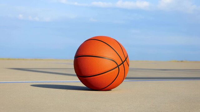 Orange basketball settling upright on outdoor concrete court with warm sunlight, low ground viewpoint, clear sky, visible texture, baseline marking, and calm sporty composition