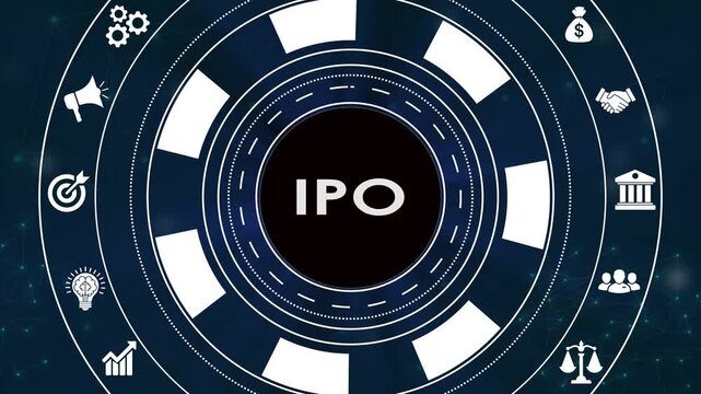 Ipo initial public offering business financial concept on virtual screen with icons.