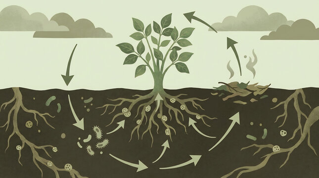 Nitrogen Cycle Illustration Showing Soil Bacteria and Plant Root Interaction for Nutrient Fixation