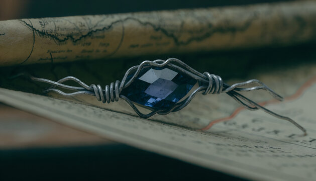 A faceted iolite gem showing pleochroism with a deep blue-violet hue from this viewing angle, wrapped in oxidized silver wire in an asymmetric freeform design