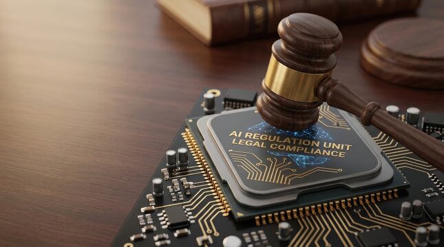 Judge gavel on ai cpu chip symbolizing legal compliance and technology regulation for digital law concept
