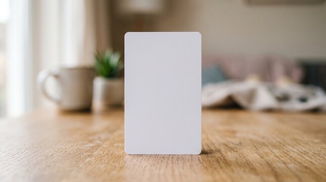 Blank white gift card stand on a wooden table with blurred background