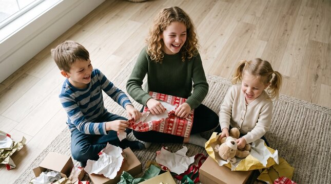 Three happy siblings excitedly opening Christmas presents together on the floor
