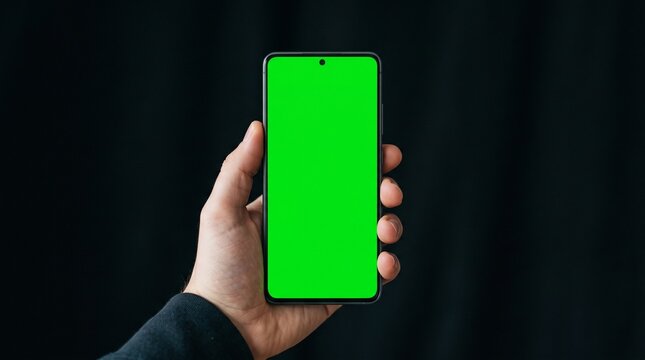 Hand holding a smartphone with a bright green screen against a dark background