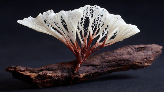 White lacy fan-like fungus with reddish stem growing on dark wood, dark background.