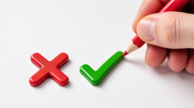 Person holding red pencil marking check symbol next to incorrect cross sign