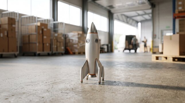 Retro rocket model stands on warehouse floor amidst boxes and logistics