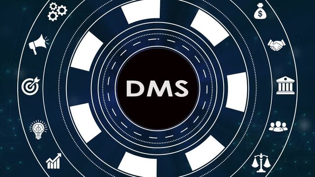 Document management system concept with business icons around spinning wheel motion.