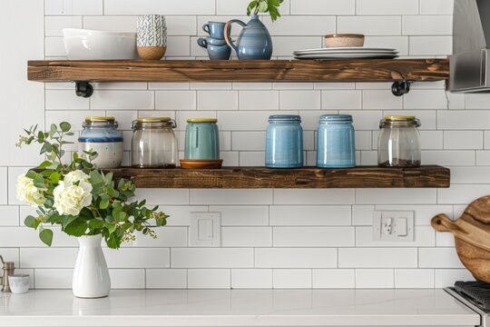 Rustic wood shelves with kitchen jars and white subway tile wall