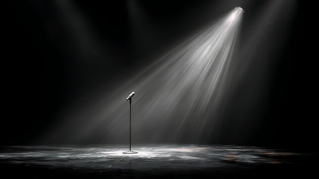 Professional microphone on a stand under a single bright spotlight on a dark stage