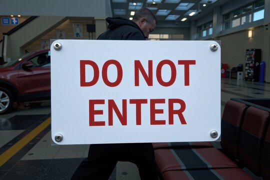 Man holds white sign with red text: "DO NOT ENTER"