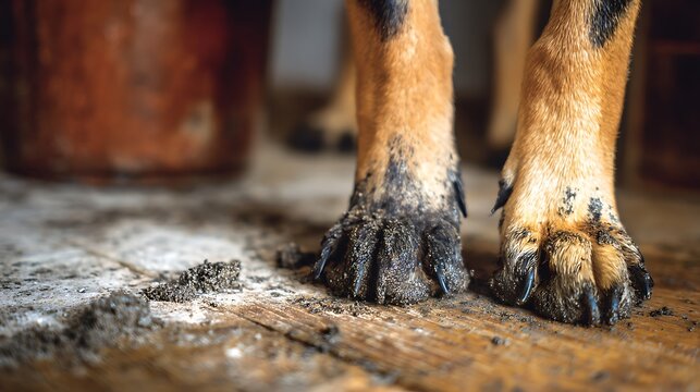 Close-up of dirty dog paws with mud and dirt on a wooden floor