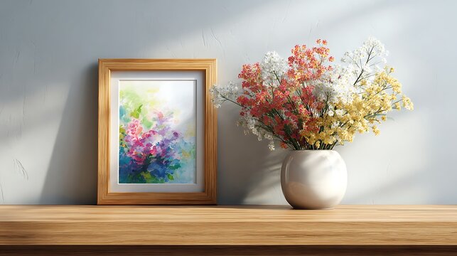 Wooden shelf with framed floral painting and colorful baby's breath flowers in a white vase